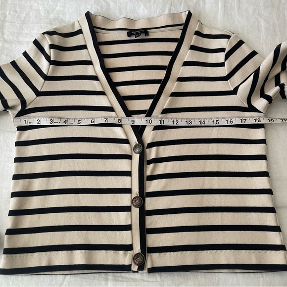 Massimo Dutti Button Front Cardigan Women M V Neck Striped Cotton Cream Black - Picture 13 of 15